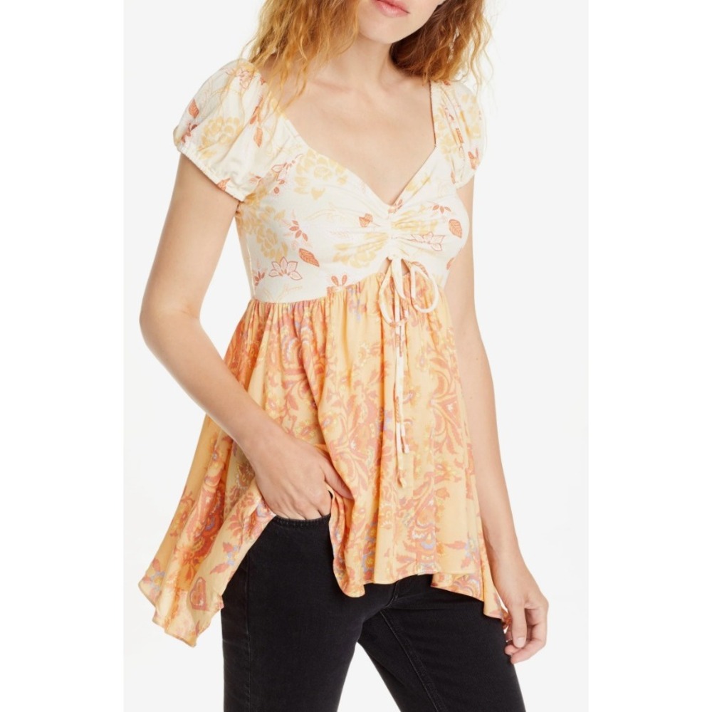 Free People La Bamba Babydoll Top Excellent Floral Boho Peplum Smocked M